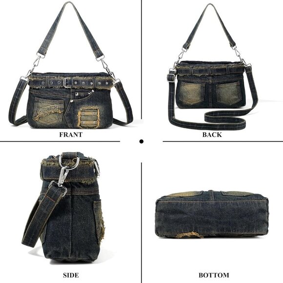 Denim Purse with Rhinestones Crossbody Shoulder Bag Bling Small Jean Purses for - Picture 3 of 7